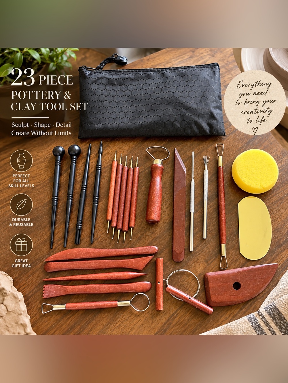 NEW 23-Piece Pottery or Clay Sculpting Tool Set Wood Handles + Storage Bag